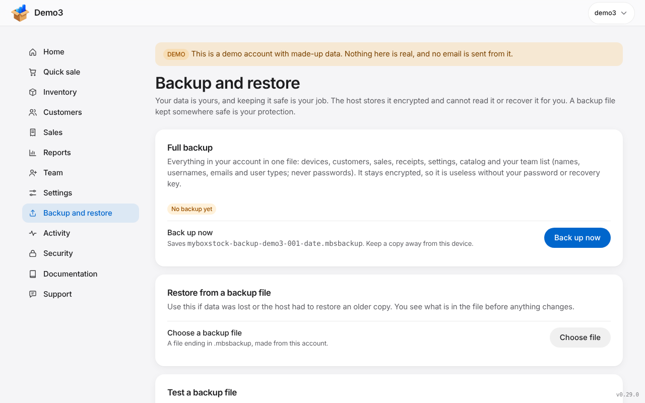 The Backup and restore page on a laptop. Sample data.