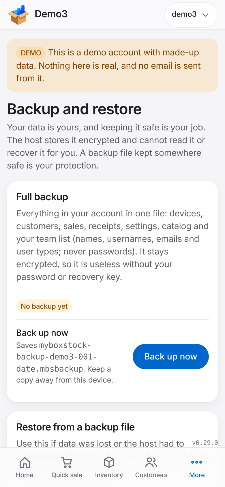 The Backup and restore page on a phone. Sample data.