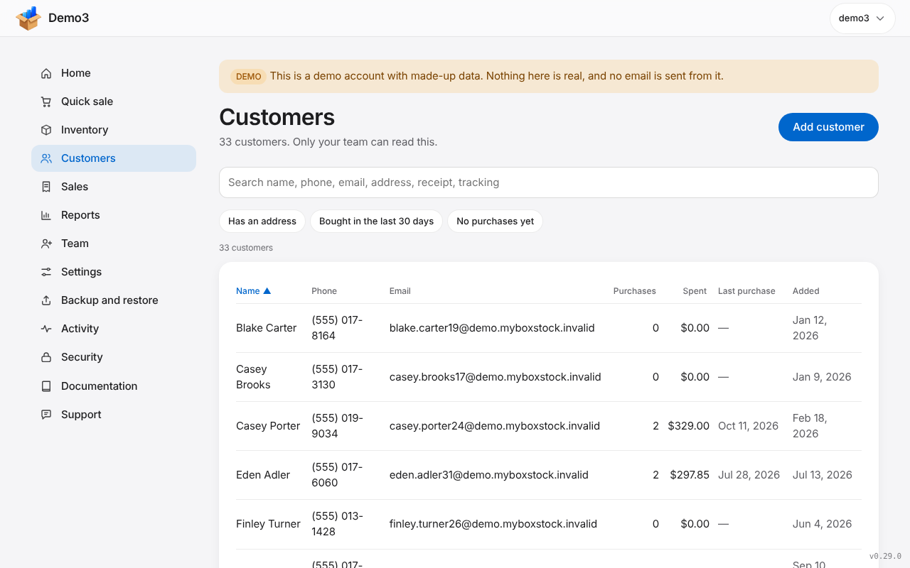 The Customers page with search and sort on a laptop. Sample data.