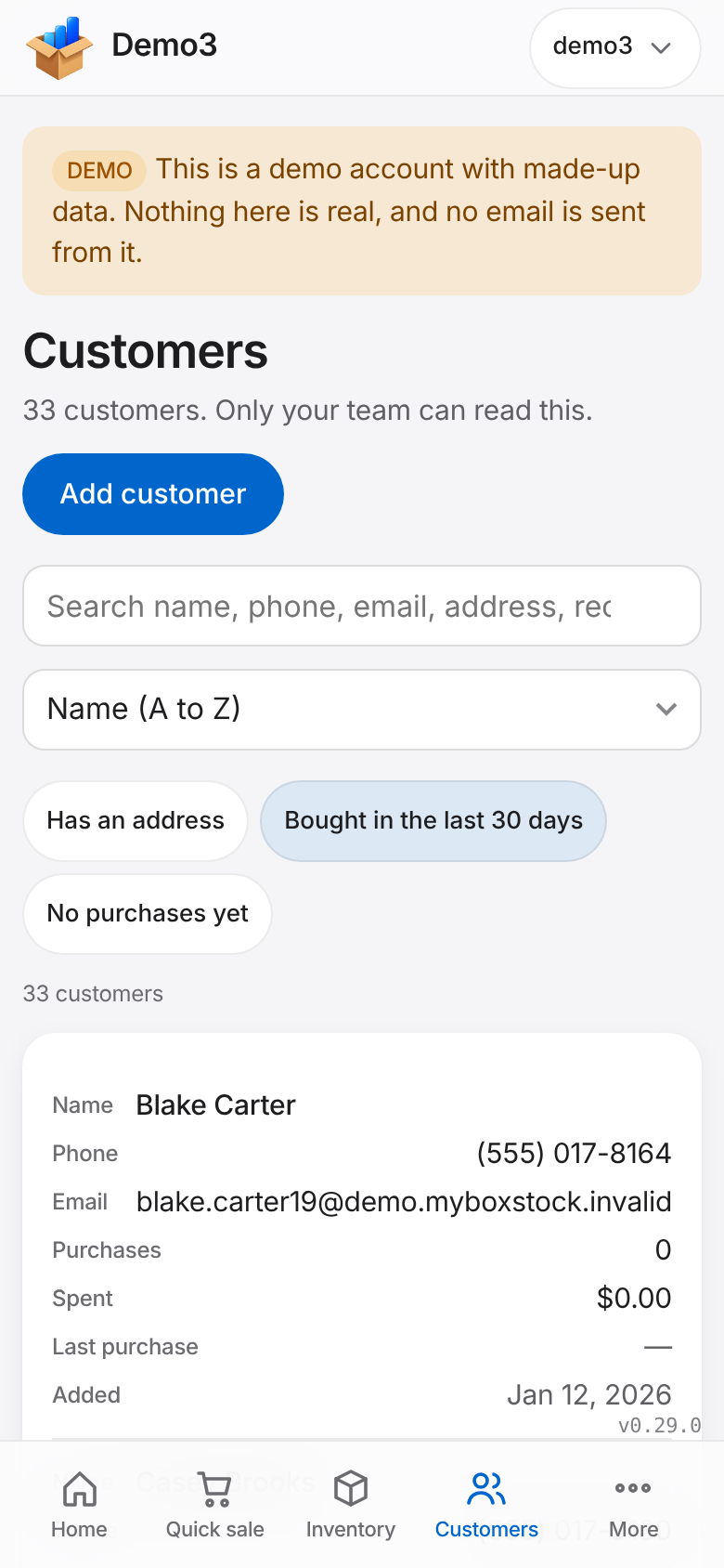 The Customers page with search and sort on a phone. Sample data.