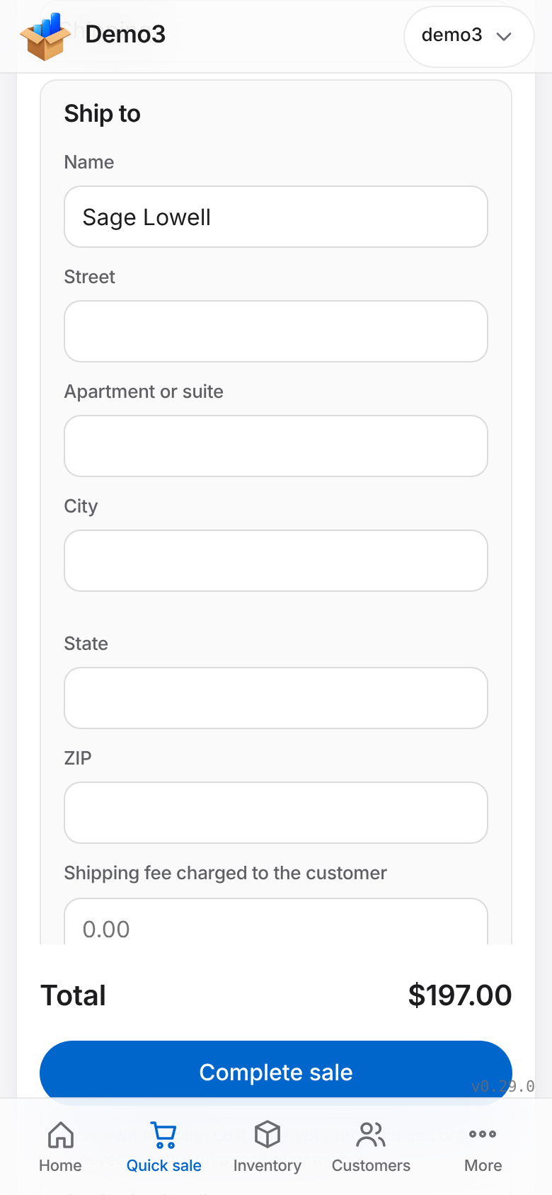 Quick sale with Delivery set to Shipping and the ship-to fields open on a phone. Sample data.