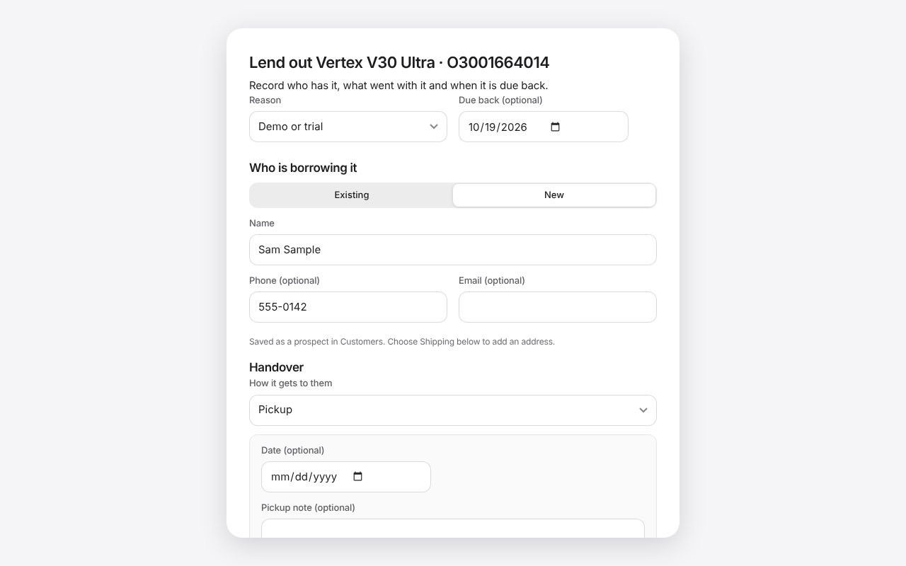 The Lend out form on a device, with a new borrower and a due date on a laptop. Sample data.