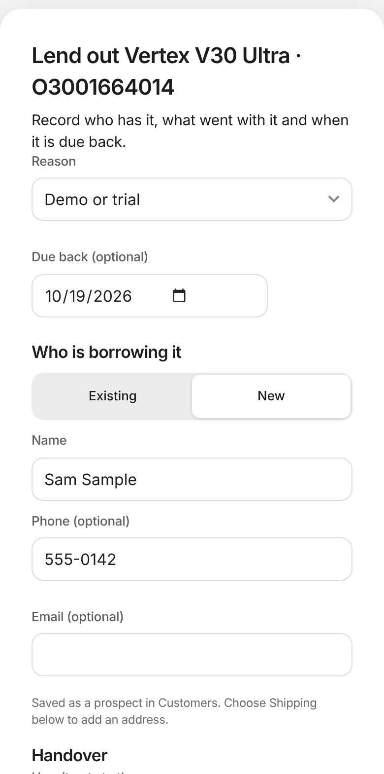 The Lend out form on a device, with a new borrower and a due date on a phone. Sample data.