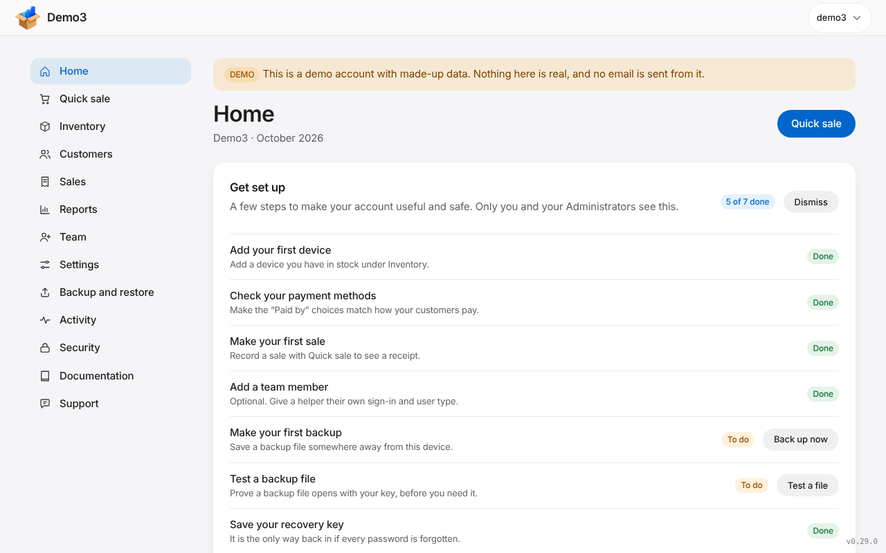 The Home page: Get set up checklist, devices available, sales and recent activity on a laptop. Sample data.