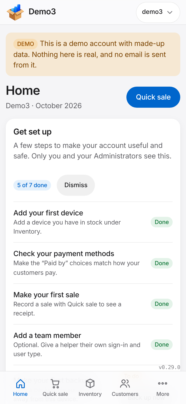 The Home page: Get set up checklist, devices available, sales and recent activity on a phone. Sample data.