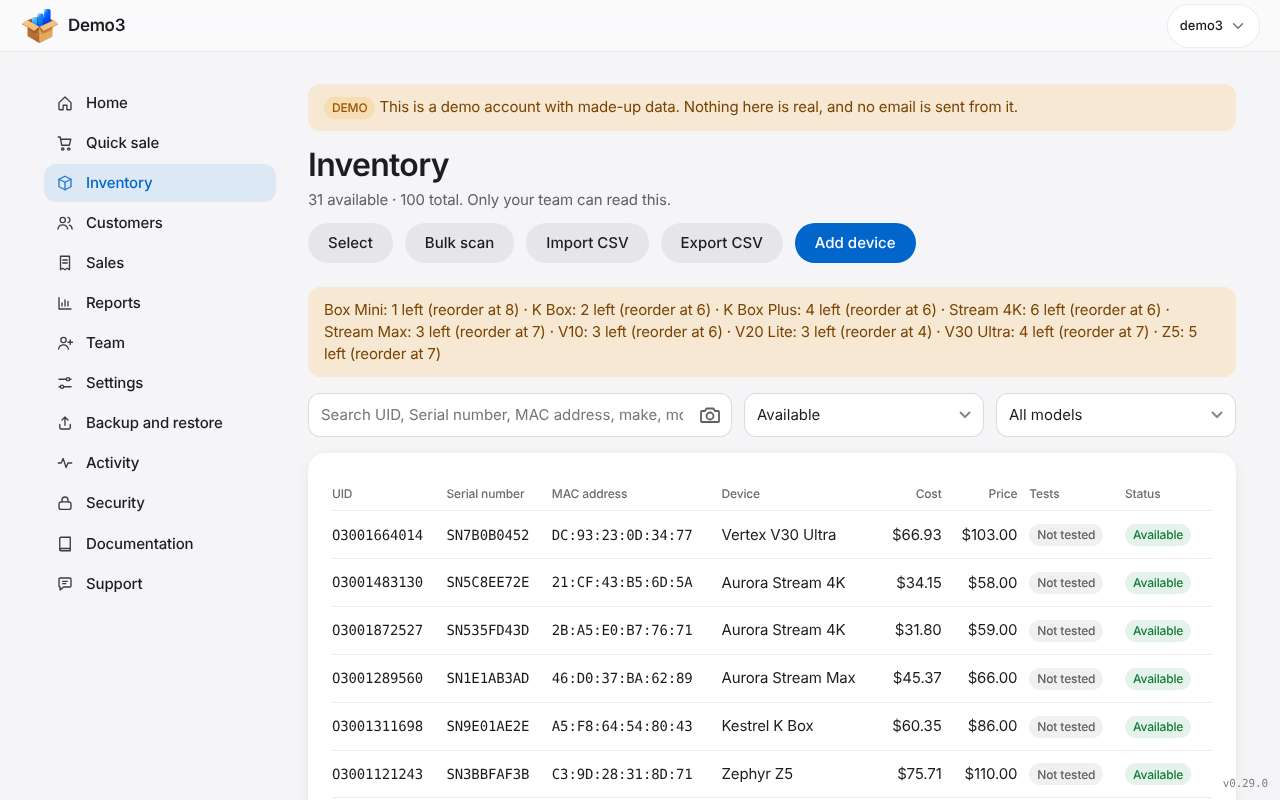 The Inventory page with test and status chips on a laptop. Sample data.