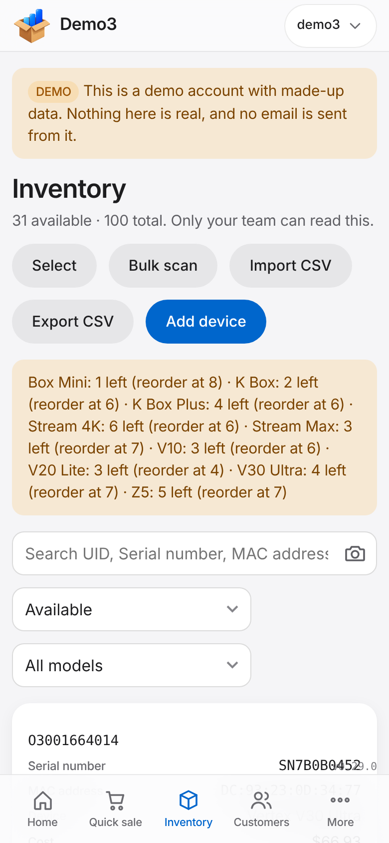 The Inventory page with test and status chips on a phone. Sample data.
