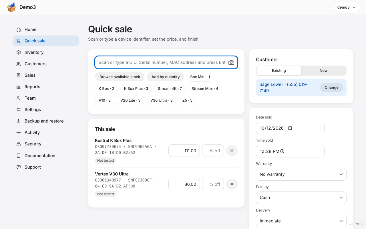 Quick sale with devices in the cart and a customer picked on a laptop. Sample data.