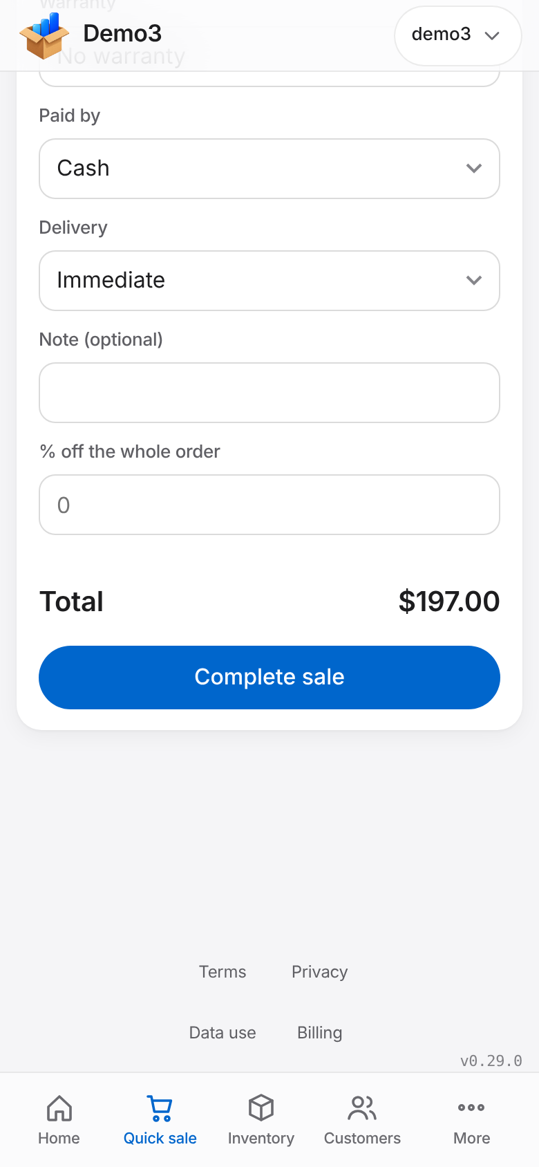 Quick sale with devices in the cart and a customer picked on a phone. Sample data.