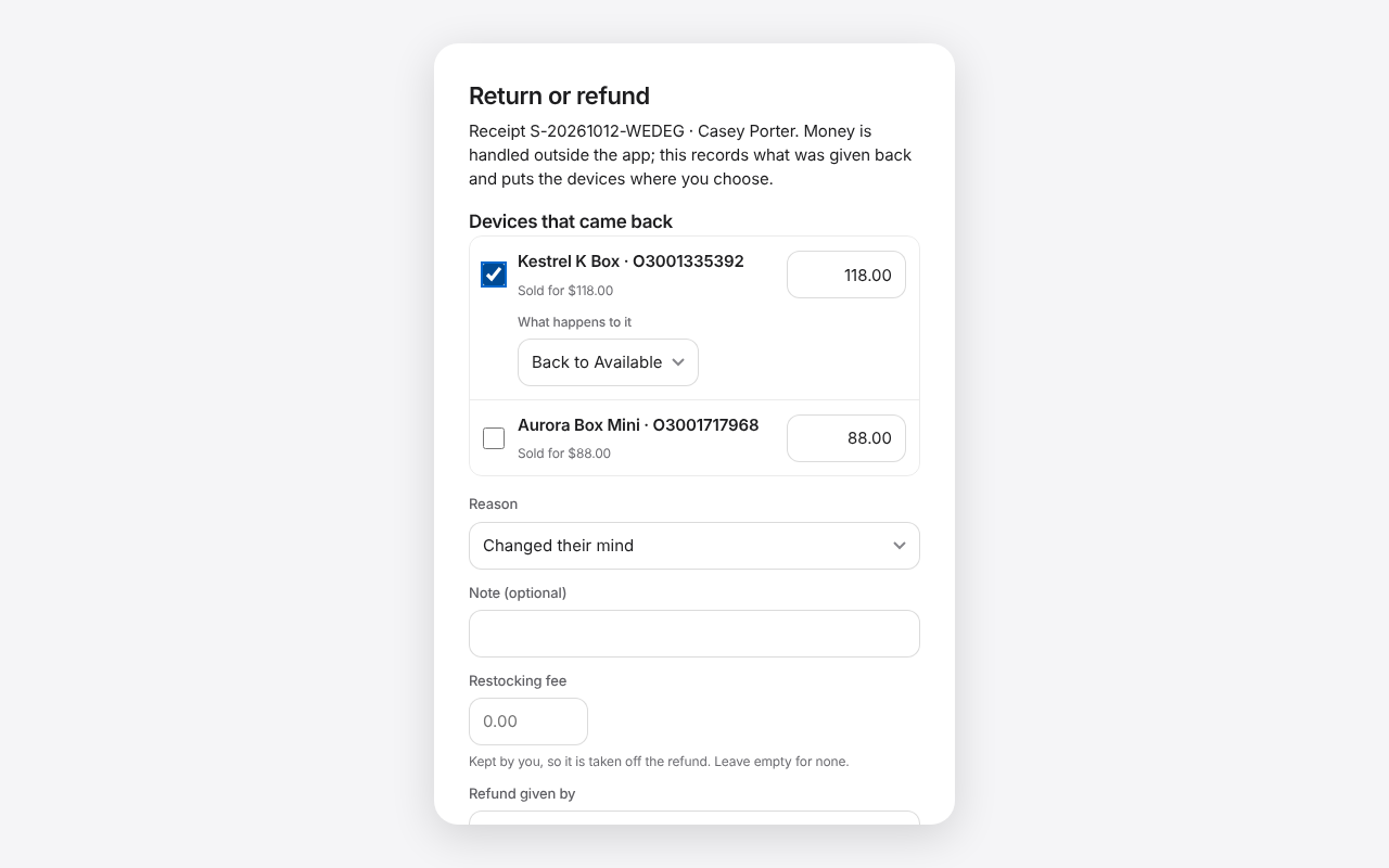 The Return or refund sheet on a sale on a laptop. Sample data.