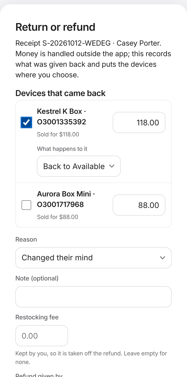 The Return or refund sheet on a sale on a phone. Sample data.