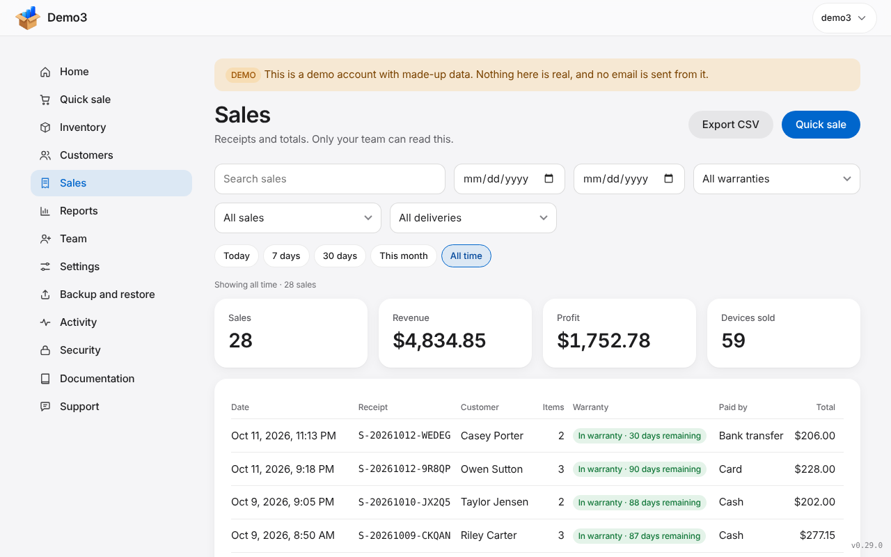 The Sales page with totals and delivery tags on a laptop. Sample data.