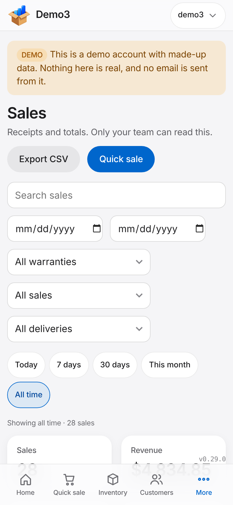 The Sales page with totals and delivery tags on a phone. Sample data.