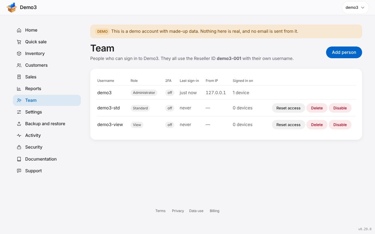The Team page with three user types on a laptop. Sample data.