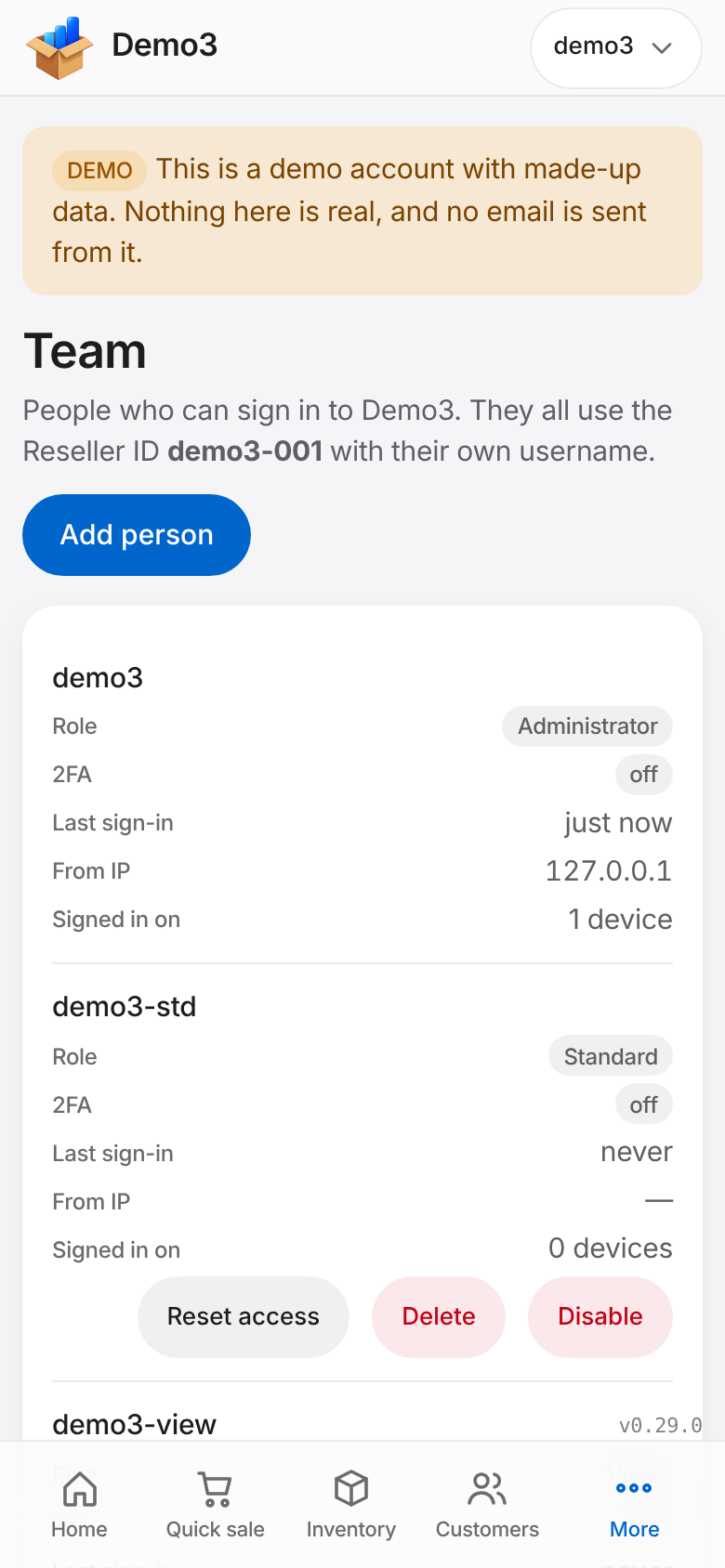 The Team page with three user types on a phone. Sample data.